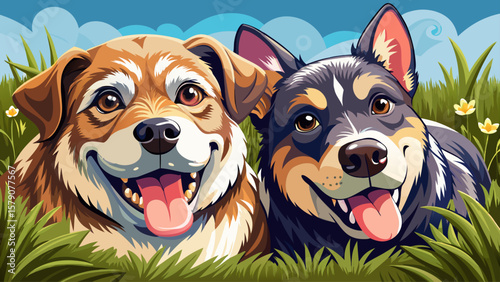 Two playful dogs lie head to head in the grass, tongues out. Their bodies are cartoon-round, eyes closed. It’s a moment of trust, calm, and silliness between best friends.