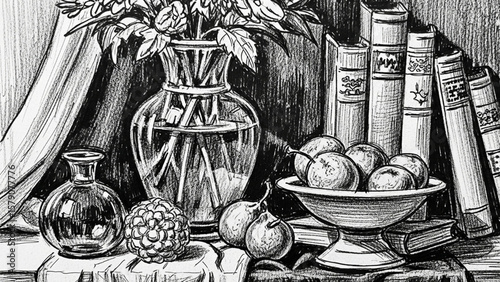 A still life drawing of books, flowers, and fruit png