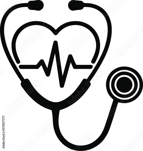 Black silhouette of a stethoscope with a heart and heartbeat isolated on transparent background
