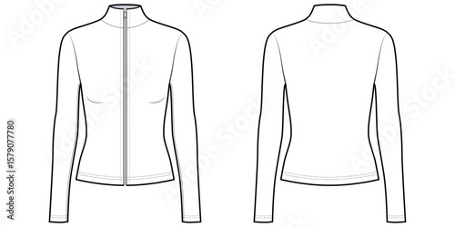 Women's Slim Fit Full Zip Athletic Jacket- Front and Back View- Flat Vector Illustration-CAD Mock-up 
