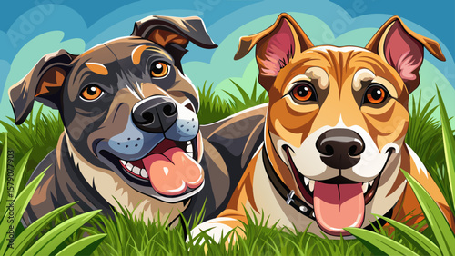 Two playful dogs lie head to head in the grass, tongues out. Their bodies are cartoon-round, eyes closed. It’s a moment of trust, calm, and silliness between best friends.