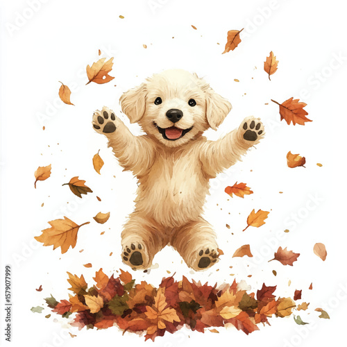 Joyful Golden Retriever Puppy Leaping from Autumn Leaves with Upraised Paws