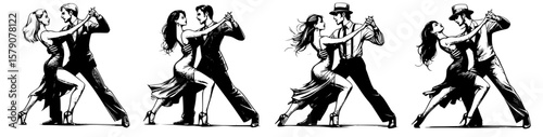 Four drawings of a couple dancing together