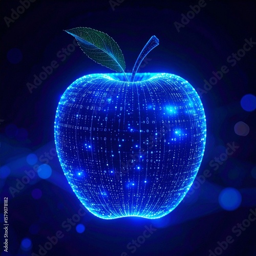 Futuristic holographic interface with glowing blue-green tones, cyberpunk style, juicy apple accents, digital code, and a sleek hyper-real tech interior on a dark background.