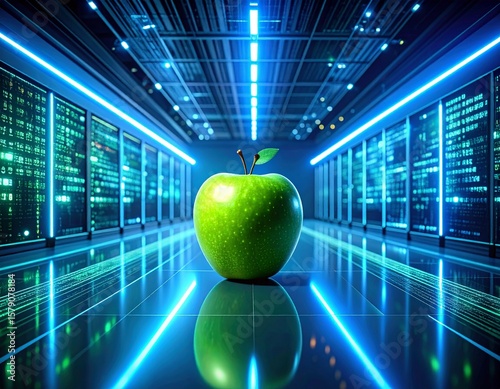 Futuristic holographic interface with glowing blue-green tones, cyberpunk style, juicy apple accents, digital code, and a sleek hyper-real tech interior on a dark background.