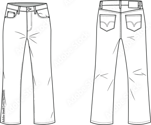 Wrinkled denim jeans flat sketch, front and back view, fashion technical drawing, vector pants template, casual wear design illustration