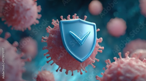 A digital illustration of a virus particle with a metallic shield and checkmark symbol, representing protection or immunity against infection.