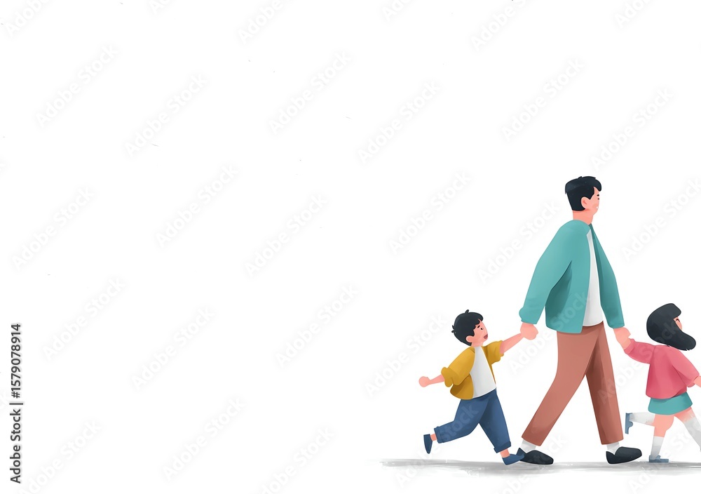 Watercolor Illustration of Asian Dad Holding Hands with His Kids: Father's Day Card Design Watercolor Illustration of Asian Dad Holding Hands with His Kids: Father's Day Card Design