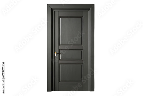 Elegant dark gray wooden interior door with brass handle isolated on transparent background