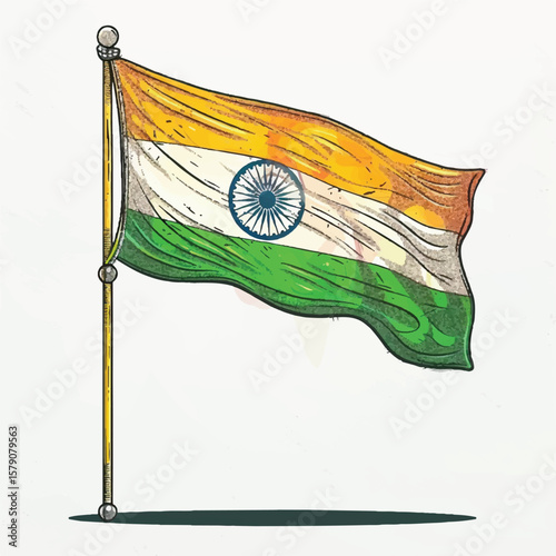 Hand Drawn Indian Flag Waving on a Pole (2)