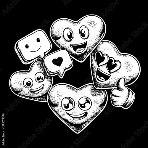 3D cartoon icon set of social media likes with speech bubbles, red hearts, beige hearts, and emoji reactions