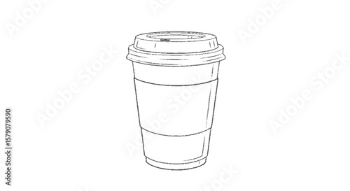 A line drawing of a disposable coffee cup with a lid and sleeve, isolated on a white background.