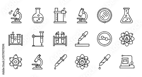 Line art icons depicting science lab equipment including microscopes, beakers, test tubes, pipettes, and atomic models.