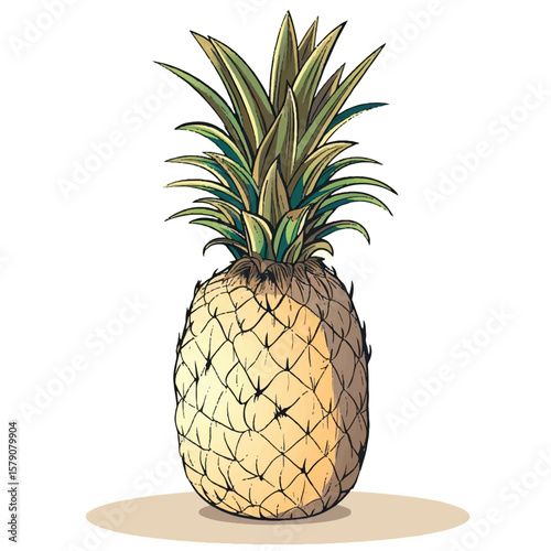 Hand Drawn Pineapple with Detailed Spiky Leaves and Yellow Fruit