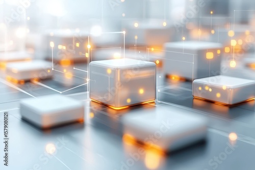 Economy block tax concept. Abstract digital blocks with glowing elements on a blurred background.