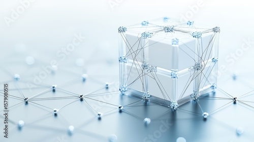 Economy block tax concept. 3D geometric structure interlinked with nodes on a soft blue background.