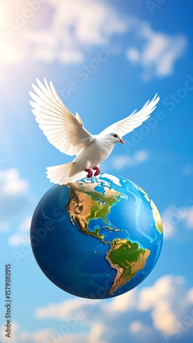 A white dove soars above a globe, symbolizing peace and global connection