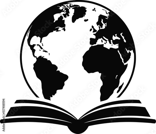 Open book with globe above silhouette isolated on transparent background