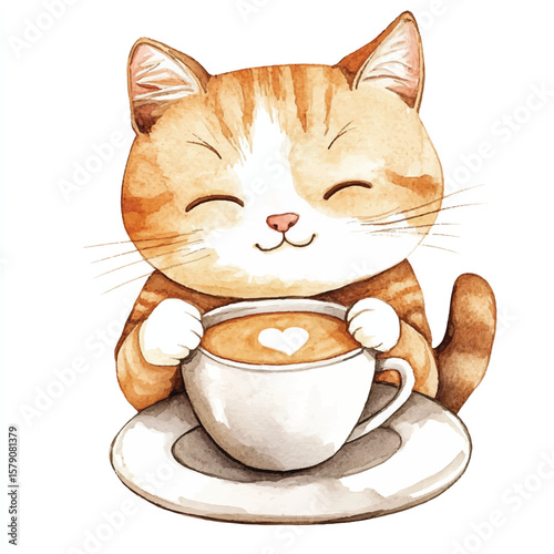 Happy Ginger Cat Enjoying Latte Art Coffee