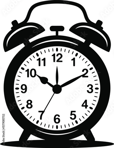 Classic alarm clock silhouette with bells isolated on transparent background