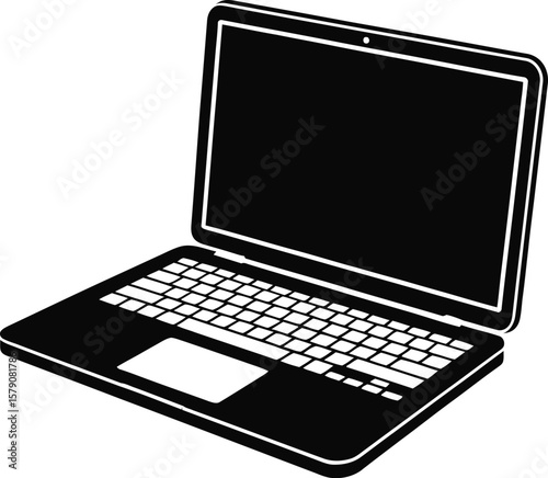 Black silhouette of an open laptop computer isolated on transparent background silhouette