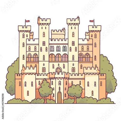 Illustrated fairytale castle with towers flags windows and surrounding trees