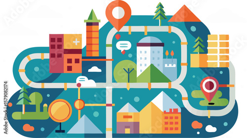 This collection of images depicts illustrations of route maps, often featuring winding paths, destination markers, and a sense of navigation