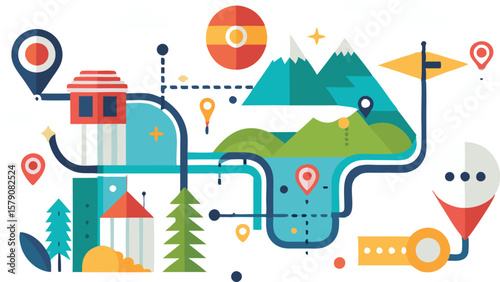 This collection of images depicts illustrations of route maps, often featuring winding paths, destination markers, and a sense of navigation