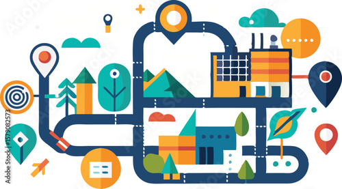 This collection of images depicts illustrations of route maps, often featuring winding paths, destination markers, and a sense of navigation