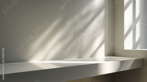White shelf with sunlight shadows on a light beige wall Minimalist interior corner scene