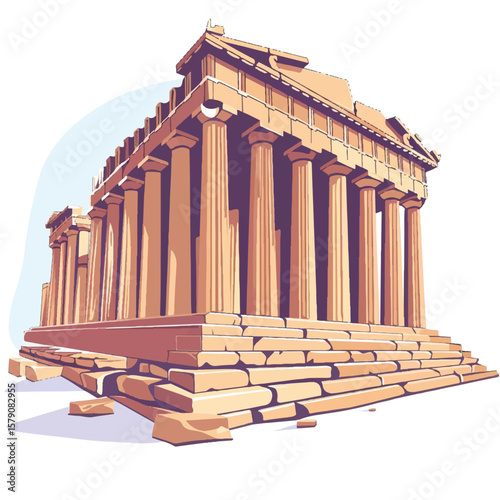 Illustrated Parthenon Ruins with Doric Columns and Stone Staircase Detail