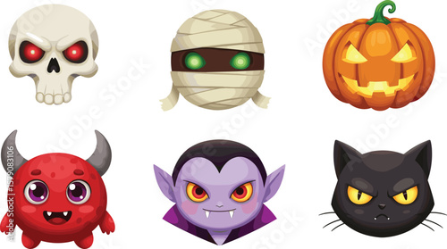 Cute Halloween cartoon icons of skull, mummy, pumpkin, demon, vampire, black cat, spooky character set, vector emoji illustration