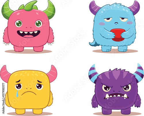 Cute cartoon monsters showing emotions, sad, happy, sleepy, angry expressions, colorful creatures, emotional characters, vector illustration, fantasy design, kids clipart