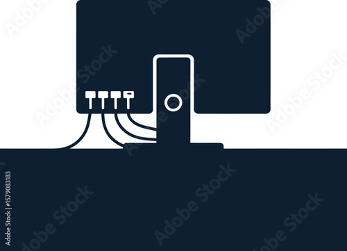 Computer monitor with ports and cables silhouette isolated on transparent background