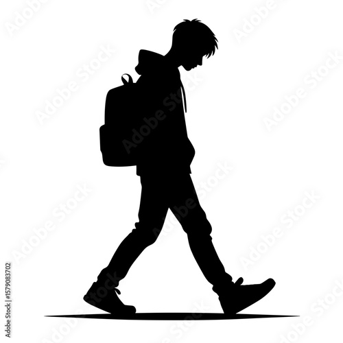 Sad schoolboy walking with backpack silhouette — Symbol of loneliness and bullying