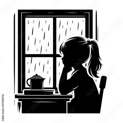 Sad girl looking through rainy window silhouette — Symbol of bullying loneliness and waiting