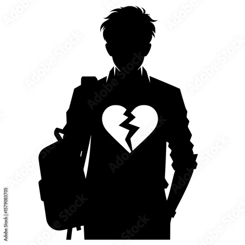 Teen boy with broken heart silhouette — Symbol of bullying, sadness, and emotional pain