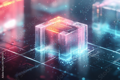 Economy block tax concept. Futuristic digital circuit with glowing, transparent components and vibrant colors.