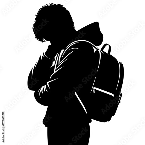 Sad boy with backpack silhouette wiping tears — Symbol of bullying and emotional pain