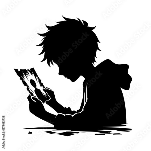 Boy looking at torn photo silhouette — Symbol of school bullying loss and sadness