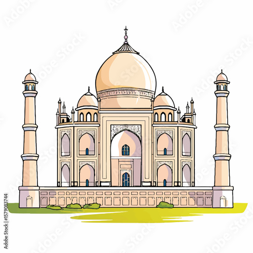 Illustrated Taj Mahal with Minarets and Lush Green Base