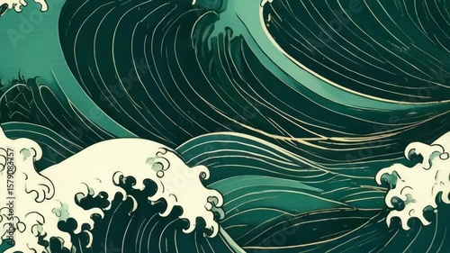 Artistic ocean waves illustration with dark green rolling tides and white foam crests in Japanese style for backgrounds