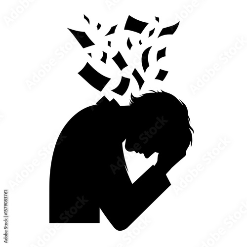 Silhouette of stressed person with flying papers — Symbol of mental overload and bullying