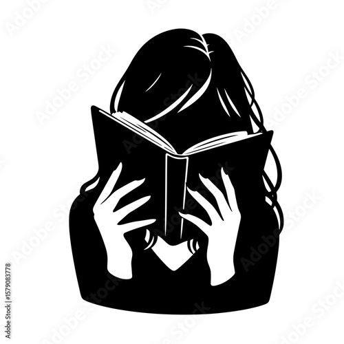 Girl hiding face behind book silhouette — Symbol of school bullying avoidance and shyness