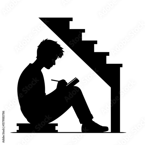 Boy writing notebook under stairs silhouette — Symbol of bullying victim hiding place
