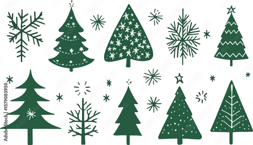 Obraz premium Christmas Tree and Snowflake Border Pattern in Green on White Background