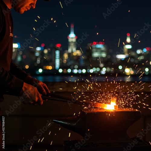 Macro of Blacksmith Hands Forging Steel with Night Cityscape Sparking Splendor.