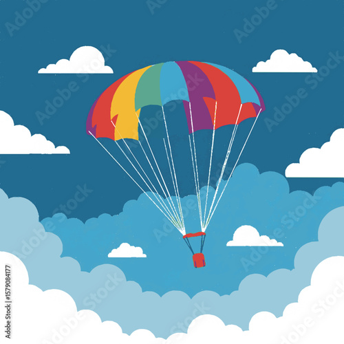 Colorful parachute descending through the sky with white clouds.
