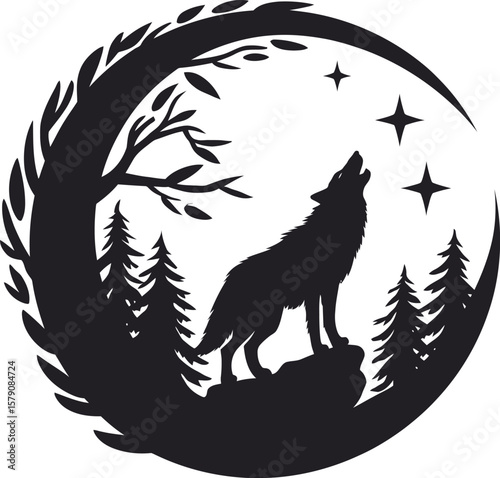 Wolf howling at the moon and stars in a forest silhouette isolated on transparent background