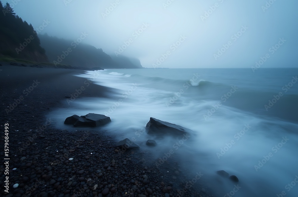 Obraz premium Misty Coastal Landscape Peaceful Sea Shoreline Stones Waves ai generated